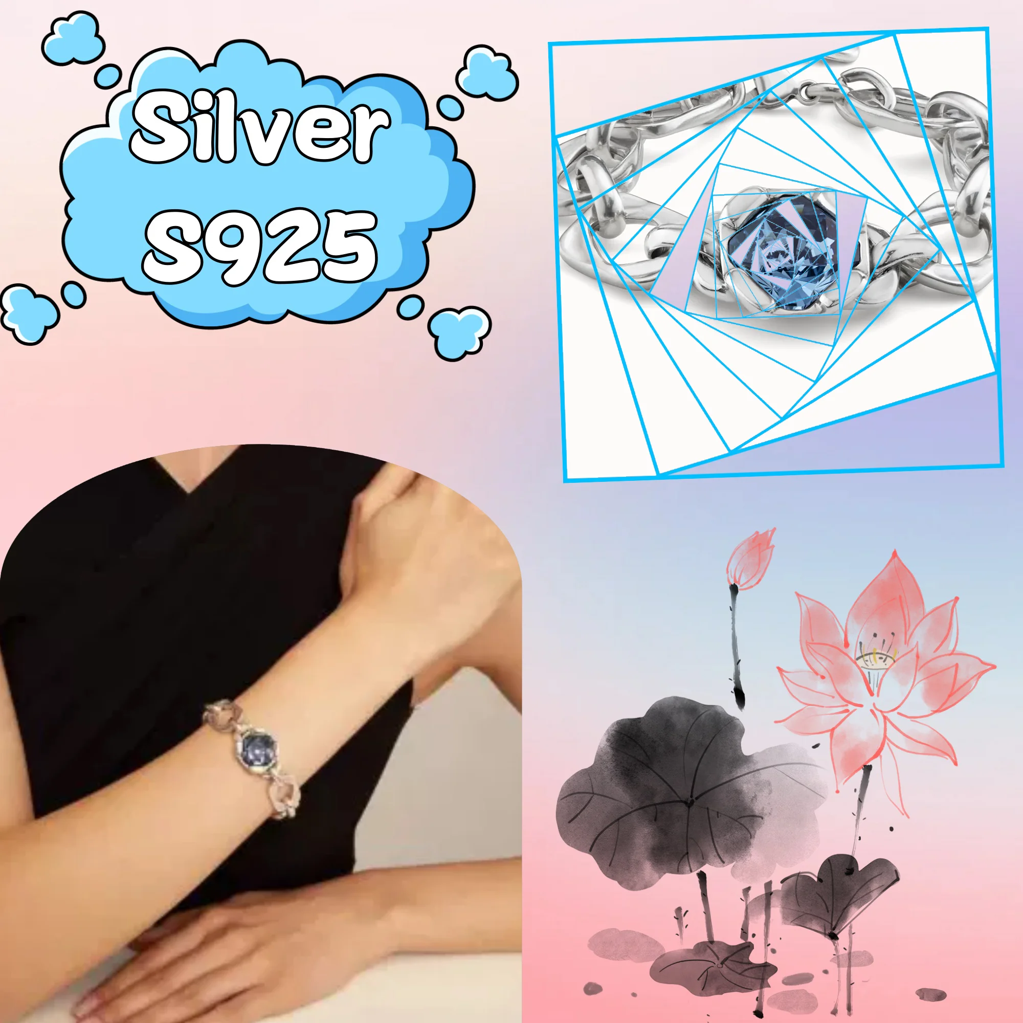 

Hollow out inlaid blue zircon bracelet no50 pure silver S925 Spanish women's jewelry gift for girlfriend fashionable wear