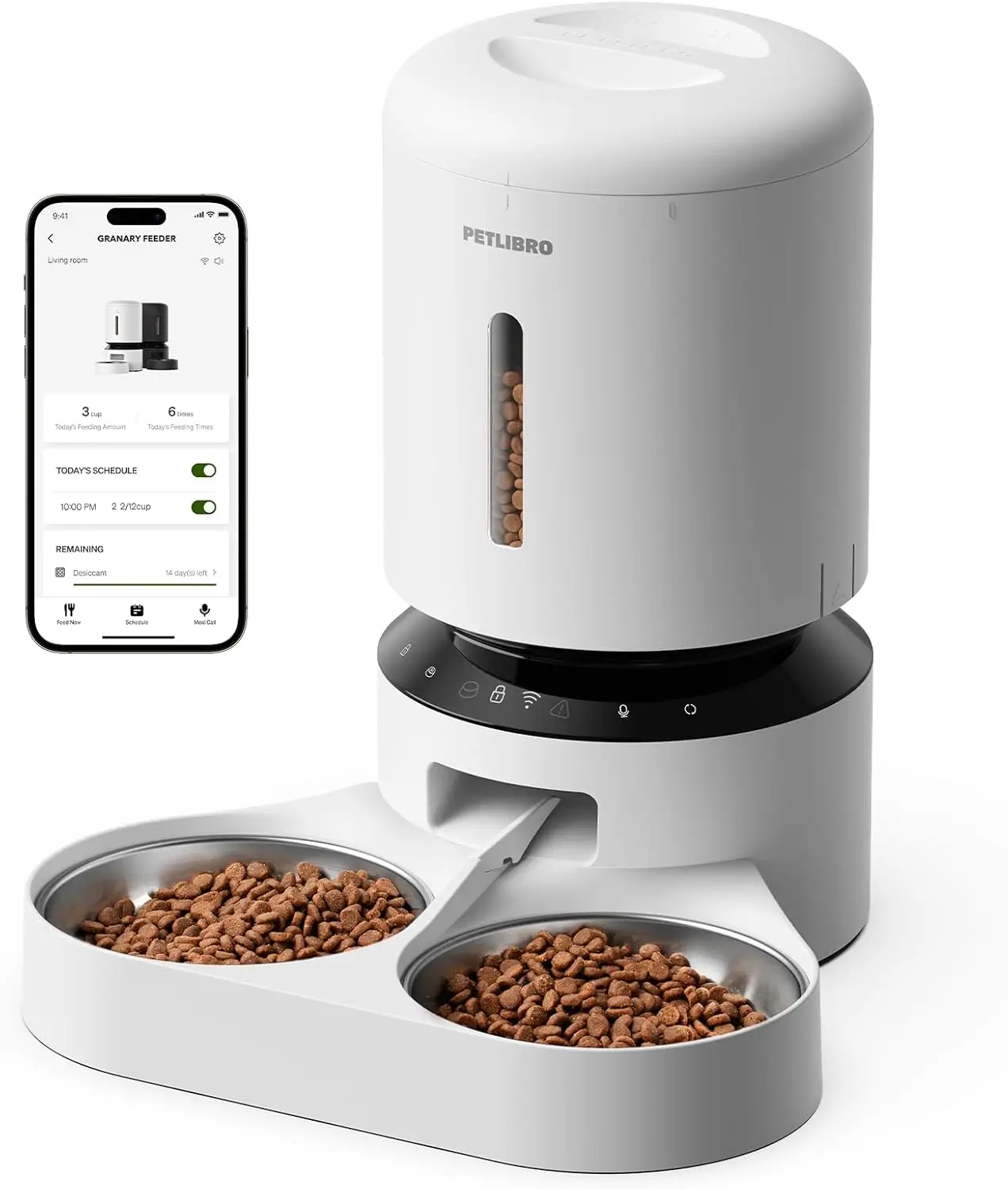 

5L Automatic Cat Feeder for 2 Cats, Wi-Fi Programmable with Dual Stainless Bowls, Airtight Freshness, Low Food Sensor