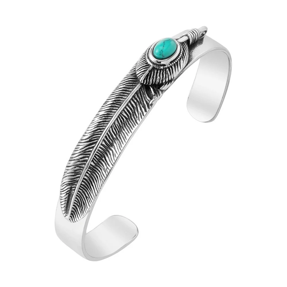 Feather Bangle 316L Stainless Steel Biker Punk Man Boys Green Stone Bracelet