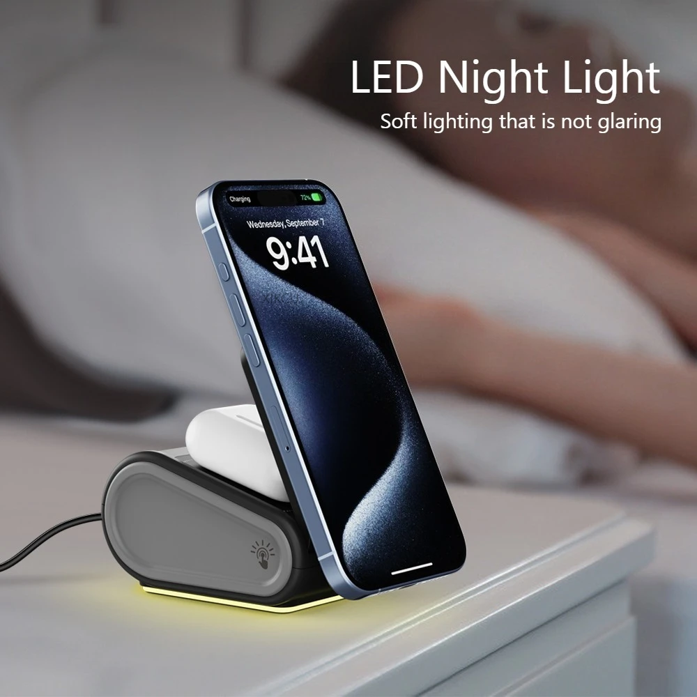 شاحن لاسلكي مغناطيسي 3 في 1 مع ضوء ليلي لهاتف iPhone 17-12 Apple Watch 11-2 Samsung Galaxy Watch 3-7 Airpods 4 Pro #5
