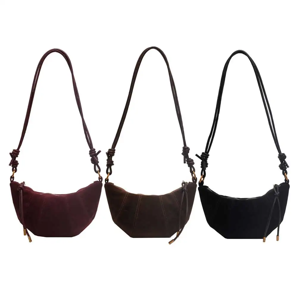 Tas Bahu untuk Wanita dengan Saku Dalam Tas Crescent Tas Selempang Ritsleting Kulit PU Tas Croissant Solid untuk Perjalanan Kerja