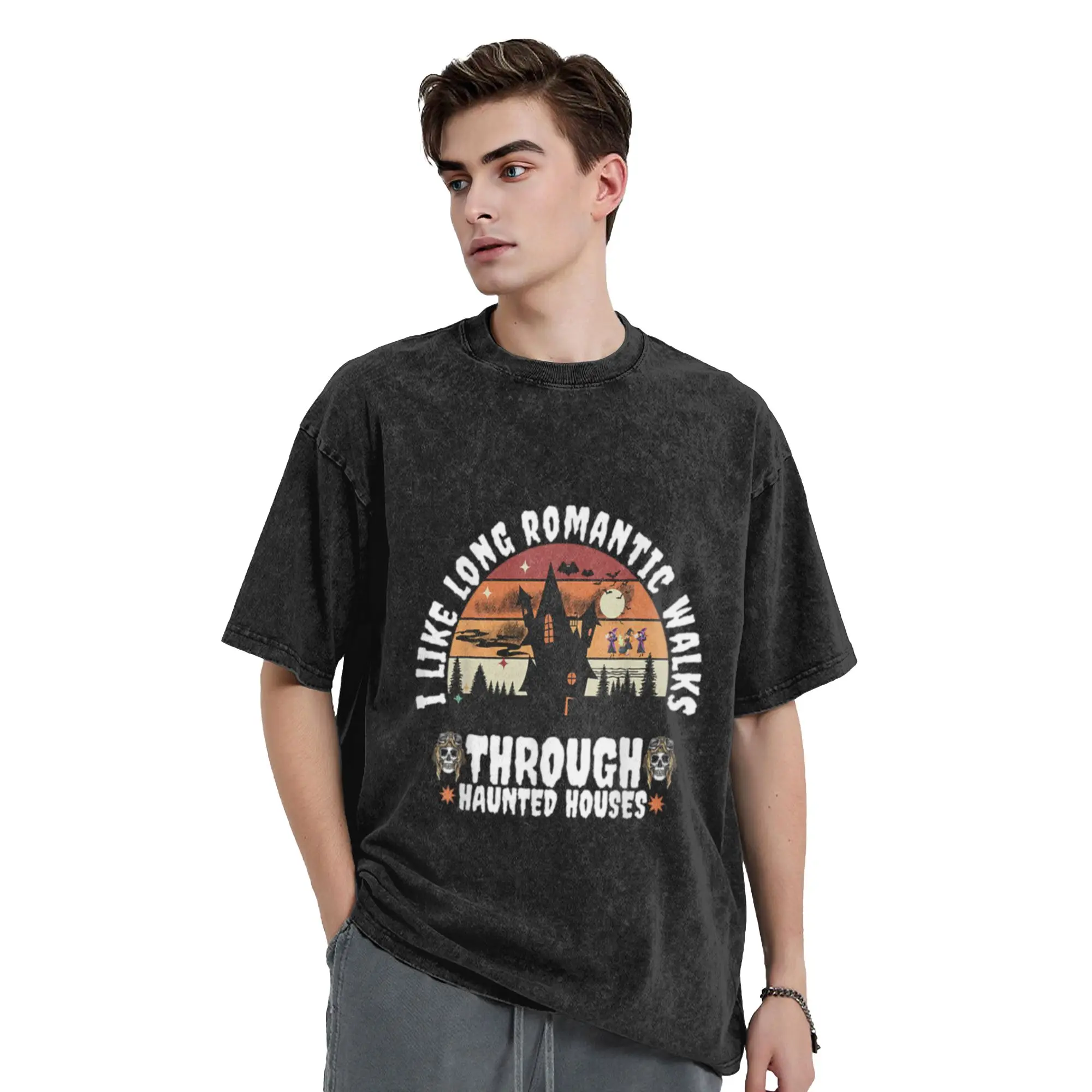 Vintage I Like Long Romantic Walks Through Haunted Houses  Unique Cool A Washed T Shirt Men's Women's Oversized Cotton Tees Tops