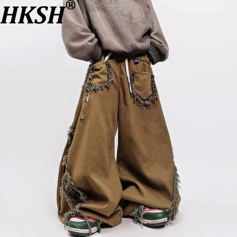HKSH Autumn New Men Tide Chic Ins Hip-Hop Trend Leopard Print Patchwork Wide-Leg Pants High Street Straight Floor-Length HK25429