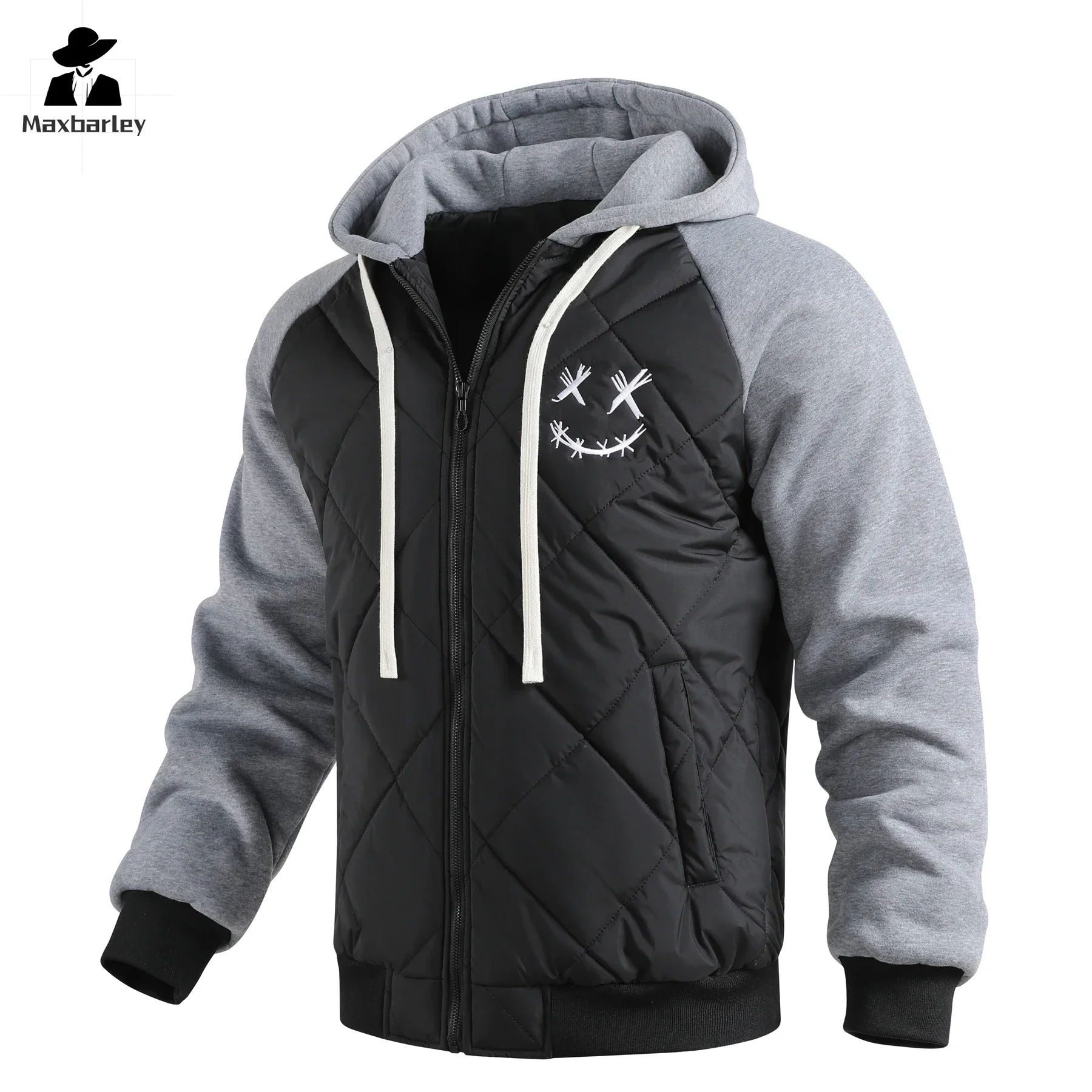 

Winter Parka Men's European Size Quilted Cotton Thickened Embroidered Baseball Jacket Male Casual Sports Colorblock Hooded Coat