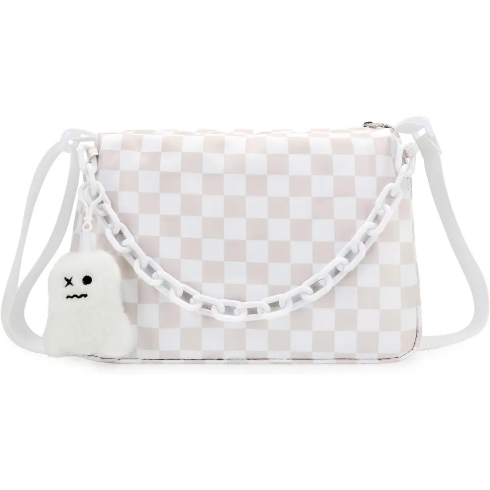 

Checkered Crossbody Bag for Women Nylon Cute Messenger Purse Hobo Bag Spacious Checkerboard Handbag Wallet Cross Body Belt Sling