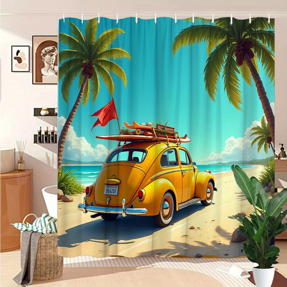 

Tropical beach theme car surfboard shower curtain-vibrant decorative bathroom decorative shower curtain 12 hooks,180x180cm