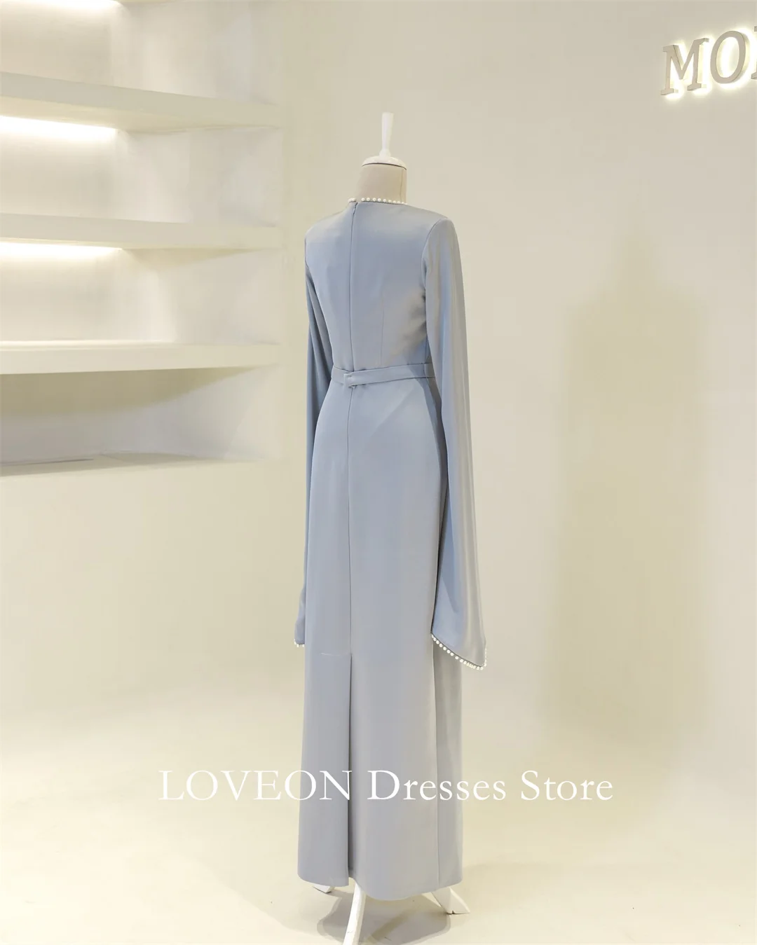 Crepe Pearls Sky Blue Formal Evening Dresses Modest Long Sleeves  فساتين سهرة  Customized Elegant Prom Growns Party Women