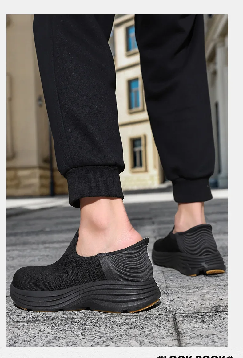 New Men Wide Toe Slip On Mesh Sneakers Breathable Thick Sole Shock Absorbing Walking Shoes Casual Commuting Shoes