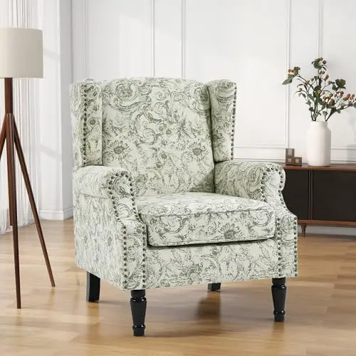 Floral Wingback Accent Chair, Fabric Upholstered High Back Armchair | Printed Reading Seat with Removable Cushion