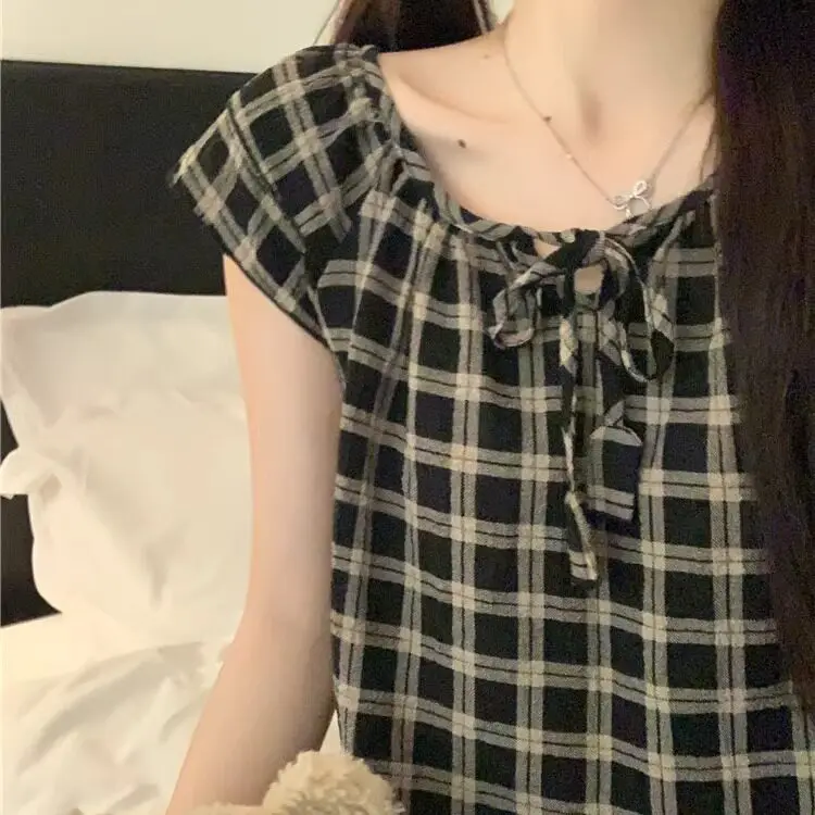 Women's Short Sleeved Pajama Home Clothes Set Summer New Style Striped Grid Short Sleeved Shorts Pajama Home Clothes Set