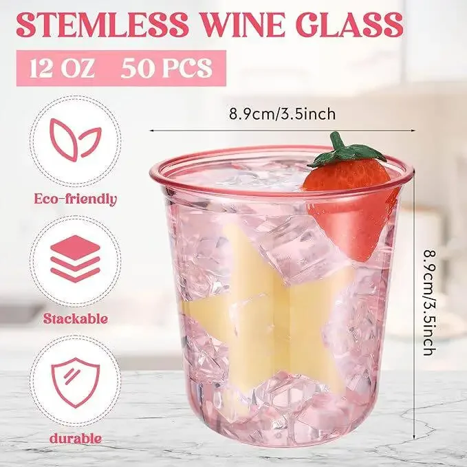 50pcs Disposable Cold Drink Cup Plastic Wine Glass Birthday Party Cocktail 12oz Pink PET Thicken U-shaped Single-use Cups - view 3