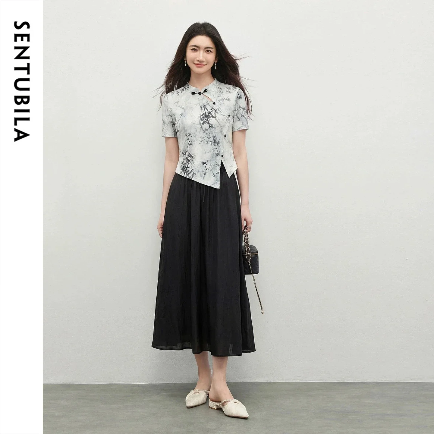 SENTUBILA Chinese Style 2 Piece Sets Woman Outfits 2026 Summer Matching Set Lady Bamboo Print Top Black Long Skirt Set W42Z55187
