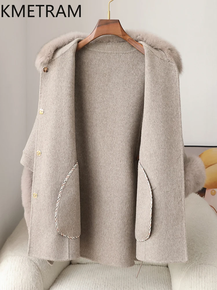 100% Natural Wool Cloak with Fox Fur Collar Winter Real Fur Coat Woman Luxury Party Shawl Coats Women Clothing 2025 шуба женская