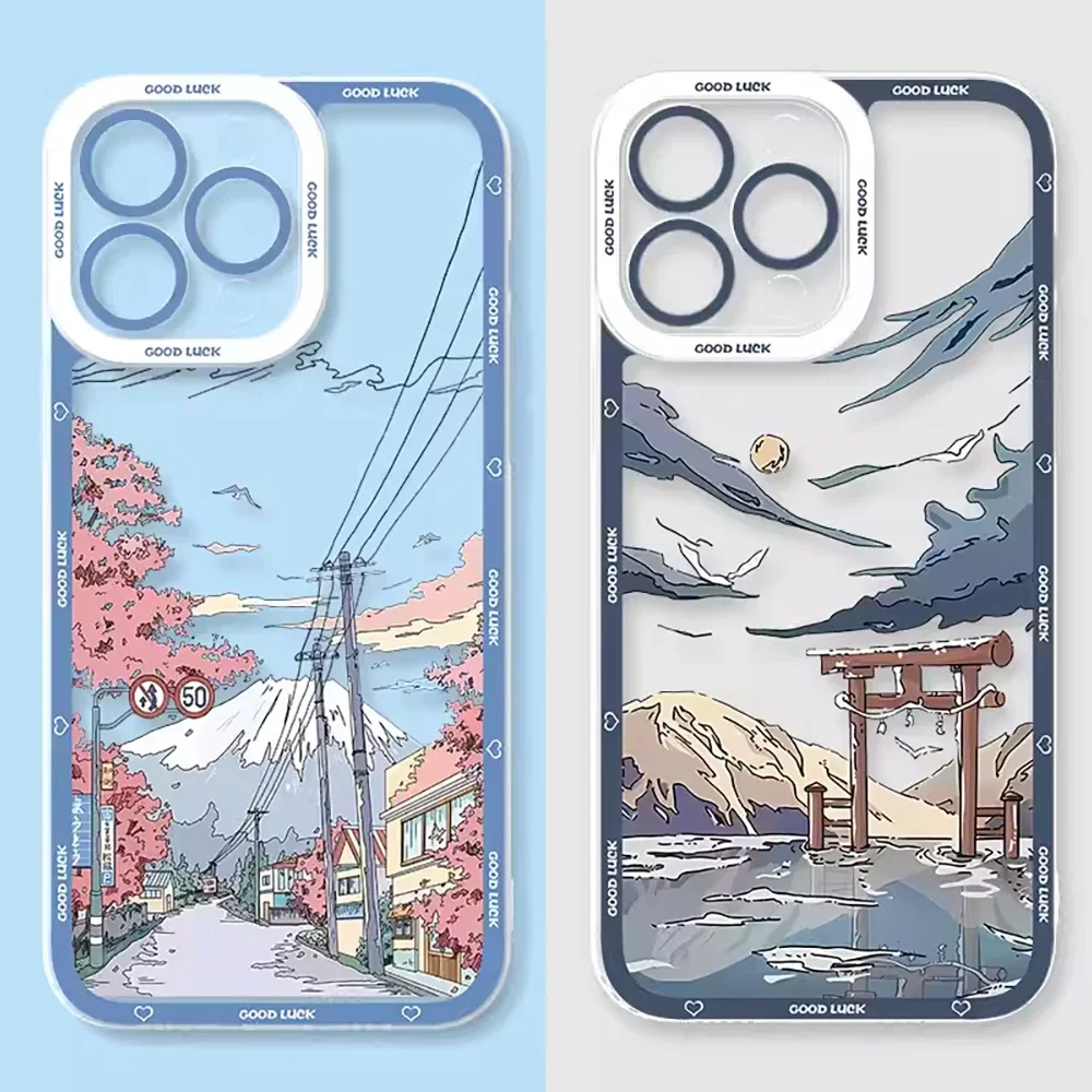 Japanese Anime Scenery Landscape Clear Phone Case for IPhone 11 12 13 14 15 Pro Max Mini 7 8Plus X XS MAX XR Cover Flower Fundas