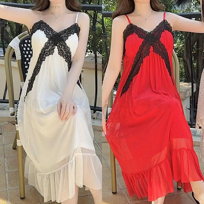 

Spaghetti Strap Mesh Nightgown Women Intimate Lingerie Home Dress Gown Summer New Sexy Lace Suspender Nightdress Long Sleepwear
