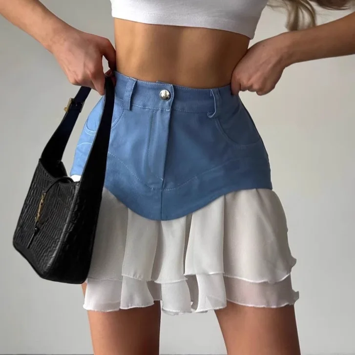 Short Skirt Splicing Pleated Skirt High Waist Slimming Female Hip Hot Girl Sexy Irregular Splicing Skirt