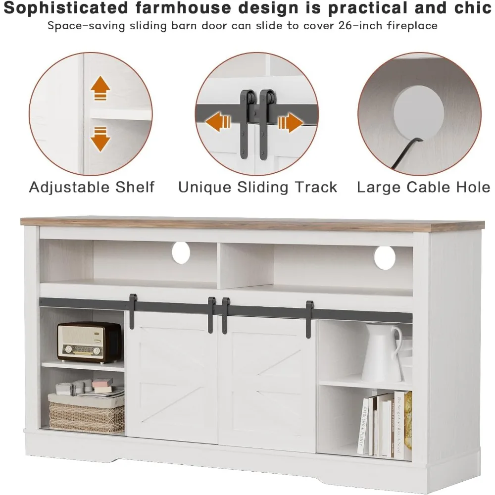 حامل تلفزيون مدفأة للتلفزيون مقاس 65 بوصة مع أبواب تخزين منزلقة وأرفف خزانة مركزية للترفيه ووحدة تحكم الوسائط