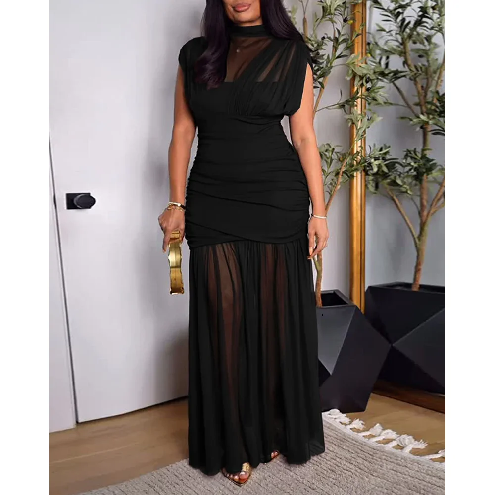 

Summer Women Mock Neck Sleeveless Sheer Mesh Spliced Maxi Dress Elegant Cinched Waist Zipper Side Ruched Evening Dress