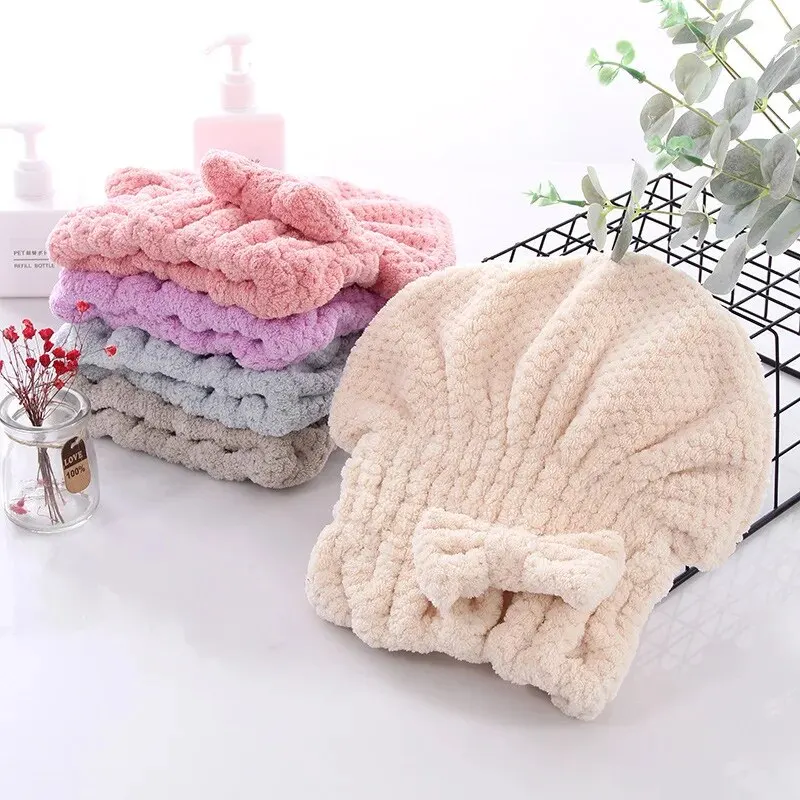 1pc Bow Decor Hair Drying Cap, Cute Thickened Hair Towel For Bathroom, Women\'s Super Absorbent Quick-drying Shower Cap, Bathroom