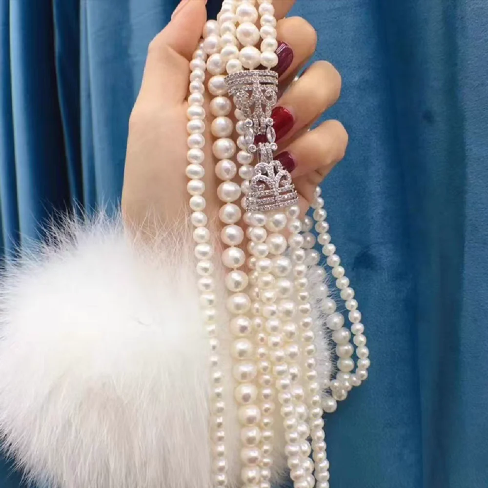 3-Row/Pearl Necklace AAAA5-6+8-9mm Natural White Pearl Necklace -22-24-26 inch -925s