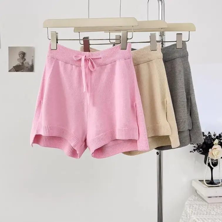 

Spicy girl pure desire style drawstring lace up knit shorts autumn and winter new casual age reducing simple wide leg shorts