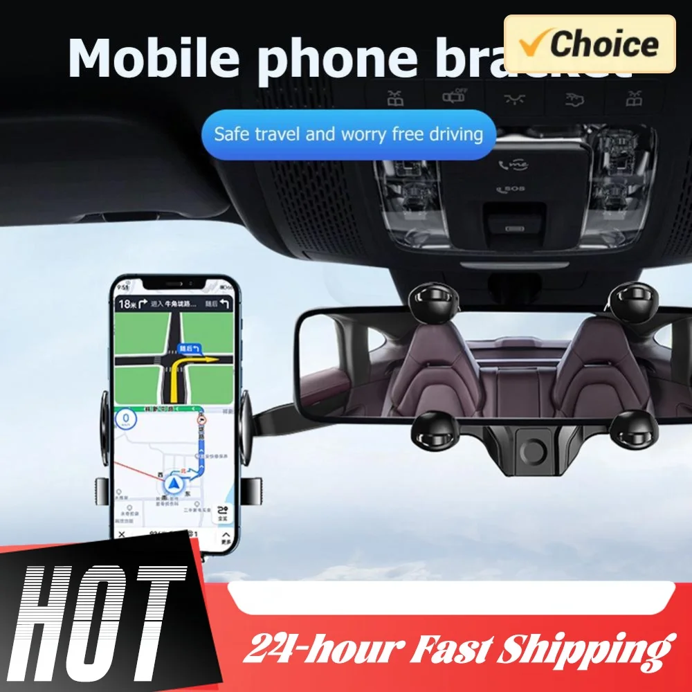Car Rearview Mirror Phone Mount 360° Rotatable GPS Phone Holder Retractable Mobile Phone Mount Stand for All Phones and All Car