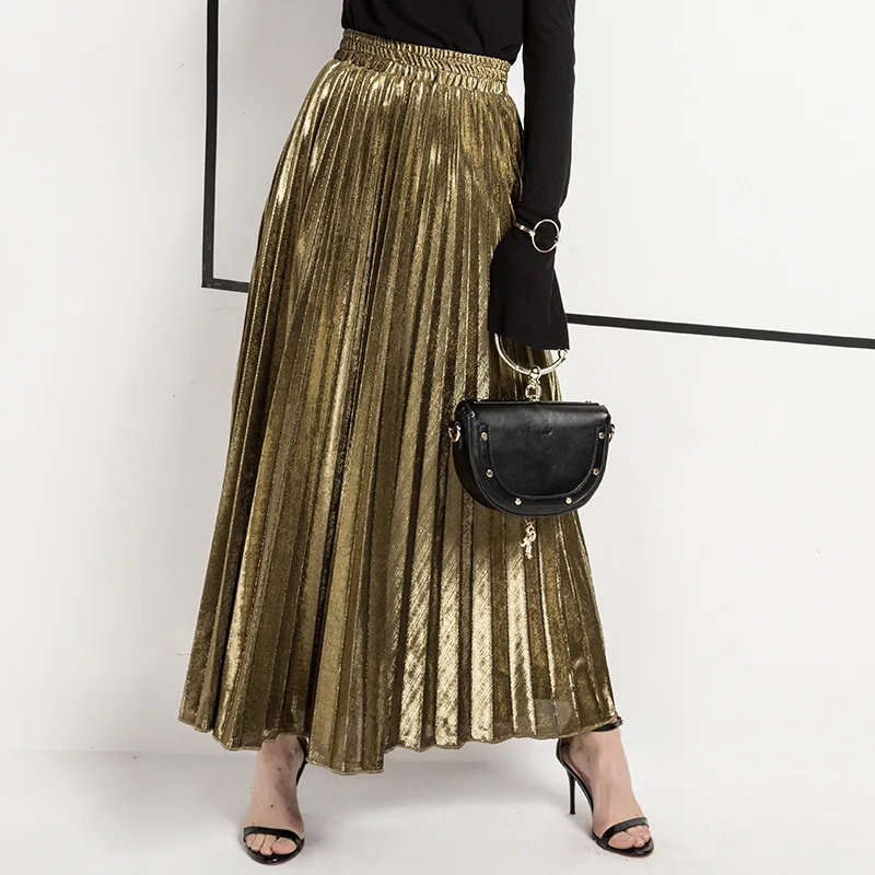 Womens Pleated Maxi Skirt High Waist Harajuku Big Swing Gold Long Skirts For Lady Daily And Office Wear Loose Beach Skirt