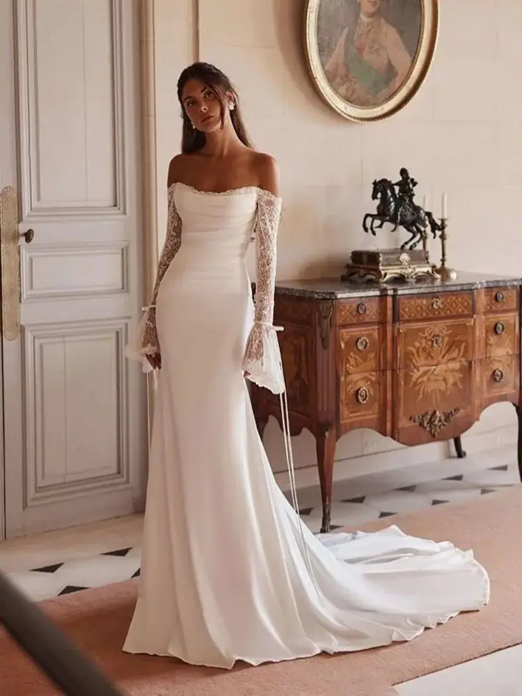 Aangepaste elegante bruidsjurk 2026 kant lange mouwen zeemeermin huwelijksceremonie jurk off-shoulder vintage bruidsjurk dames - afbeelding 2