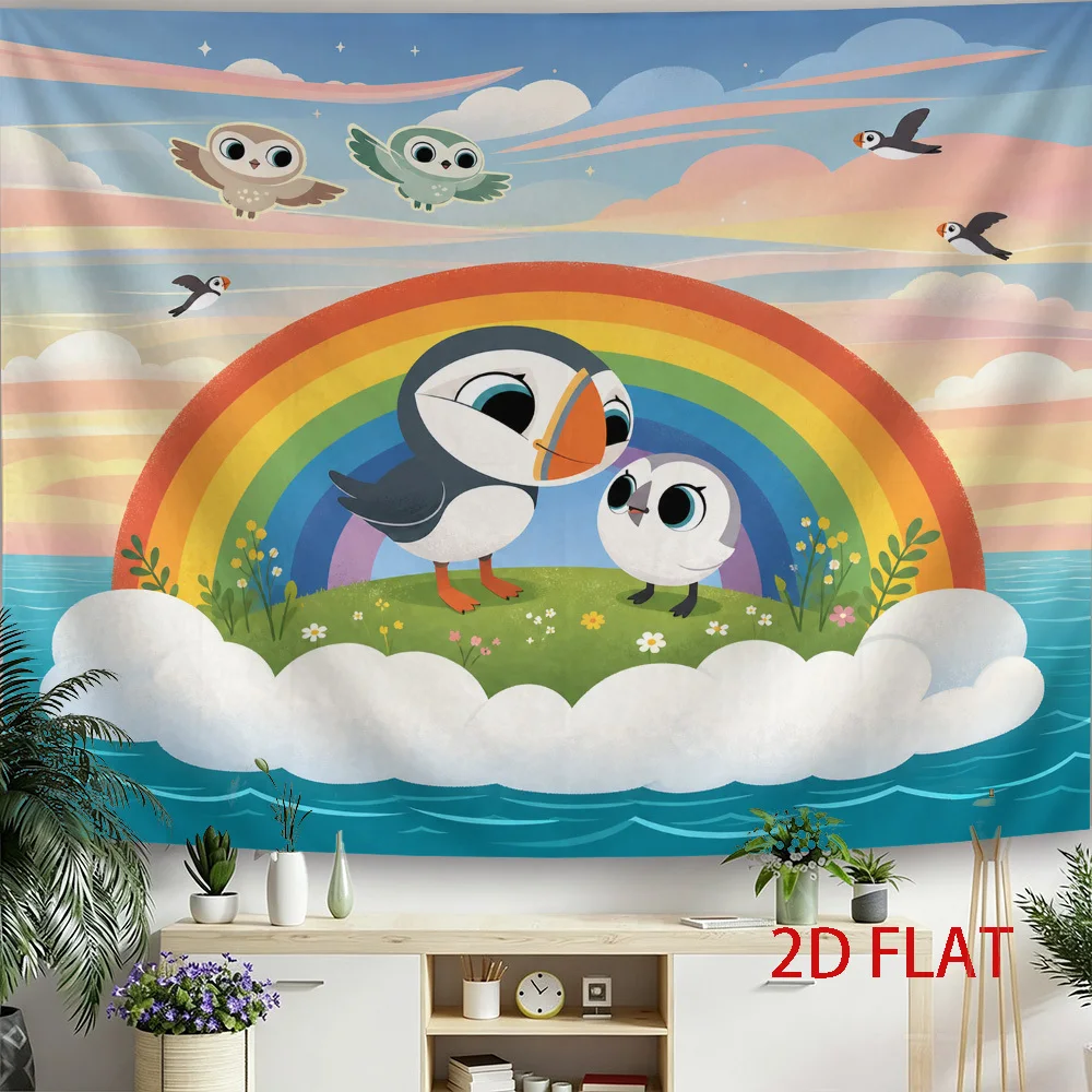 Cute Puffin Rainbow Tapestry, Cartoon Bird Wall Hanging, Ocean Sky Decor, Colorful Nursery Art Cloth, Kids Room Bedroom Ornament