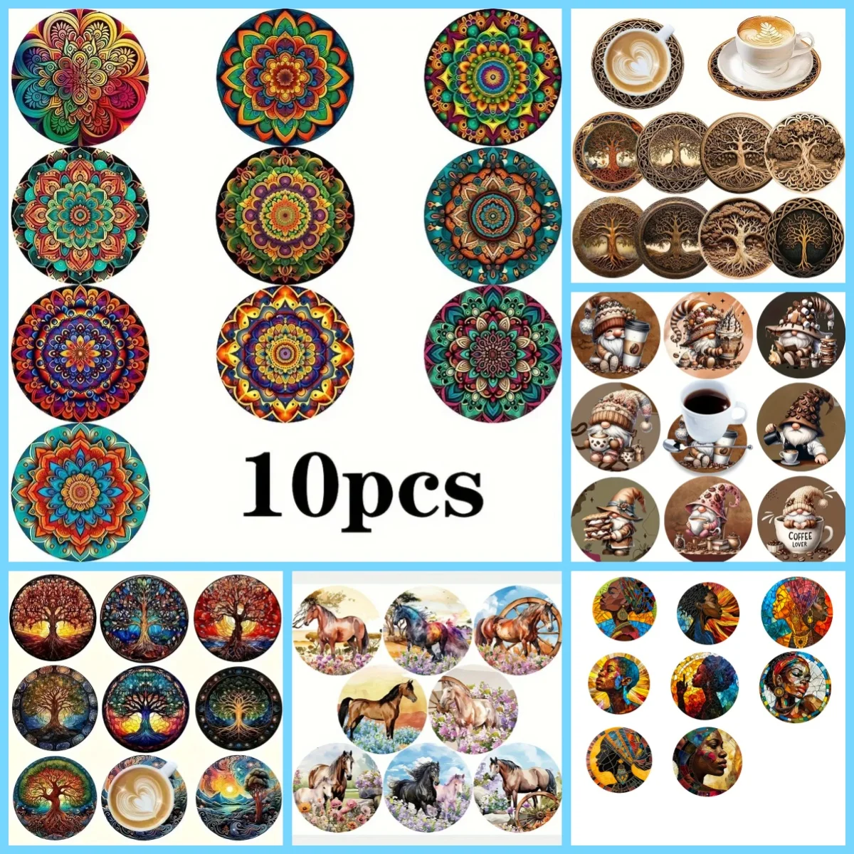 10/8 Pieces of Round Coasters, Plants, Animals, Character Patterns, Wooden Materials, Used in Kitchens, and Offices