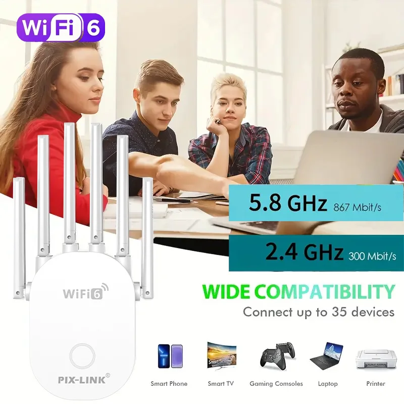 PIX-LINK 1800Mbps WiFi 6 Range 2.4G/5.8GHz Dual Band Signal Booster with WPS Setup Home/Office WiFi Dead Zone Solution AX26