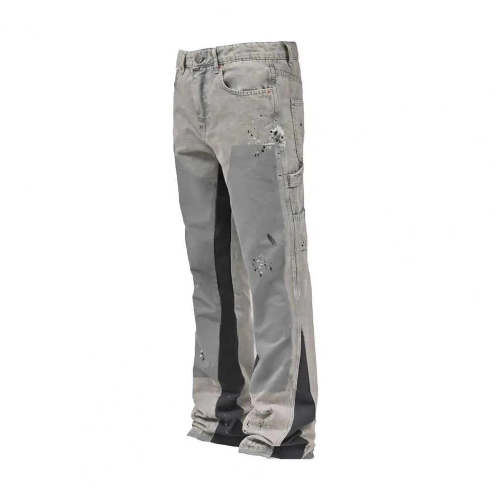 

Soft Men Pants Vintage Patchwork Flared Jeans for Men Stylish Denim Work Pants with Elastic Waistband Retro Bell-bottom for Wear
