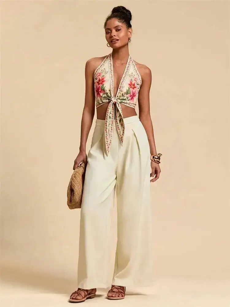 Sexy nó frente halter colheita para mulheres verão sem mangas gráfico floral impresso decote em v sem costas regata y k roupas