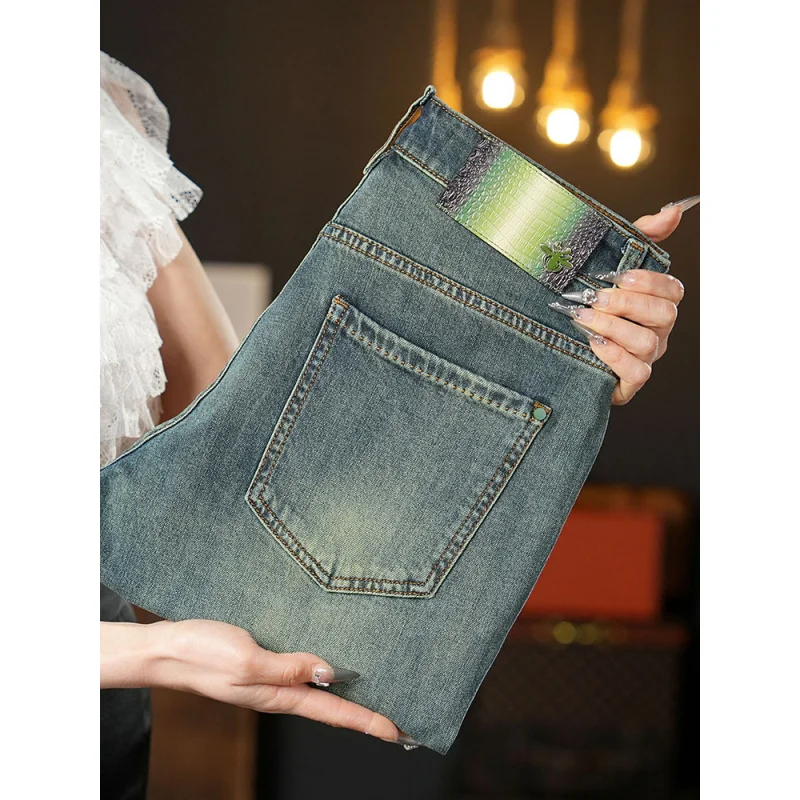 Pantalones vaqueros verdes retro de verano para hombre, pantalones largos de mezclilla versátiles informales, ligeros, de lujo, a la moda, elásticos, ajustados, pies pequeños