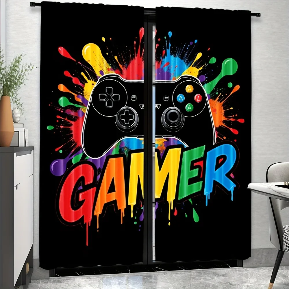 Vibrant Gamer Controller Pop Art Curtain Black Background Room Decor for Gaming Room Man Cave Style Curtain