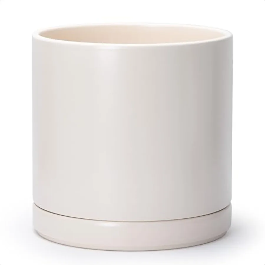 

Indoor ceramic planter pot with drainage hole and saucer 12 inch cylinder round shape oatmeal color frost-resistant and lightwe