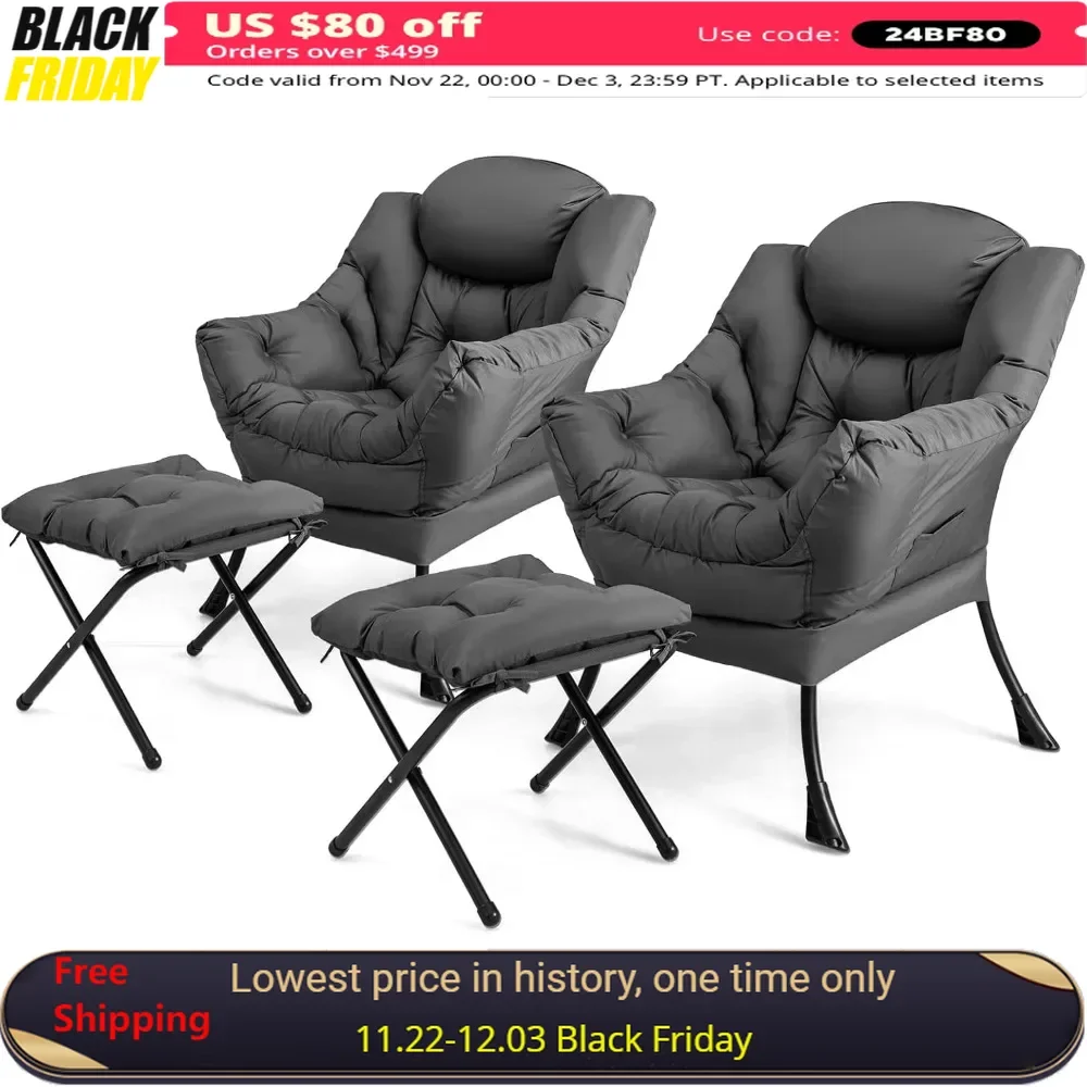 

Living Room Chairs Set of 2 with Ottoman, Armrests & Side Pocket, Modern Accent Chair & Folding Footrest, Living Room Chairs