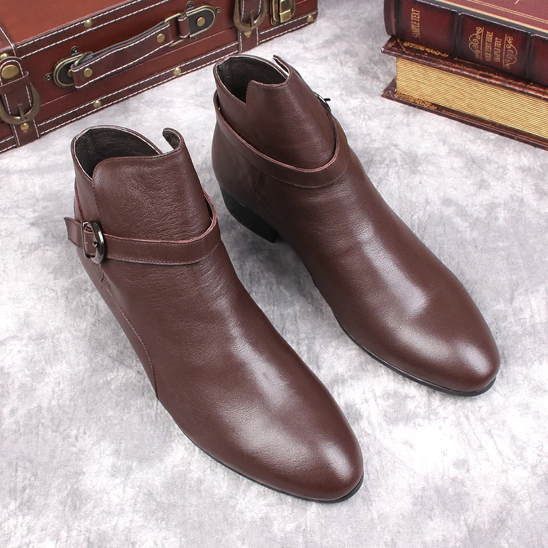 Men Casual Versatile Genuine Leather Ankle Boots Pointy Black Brown Formal With Buckle Mens Dress Boots Italy Chelsea Boot Men