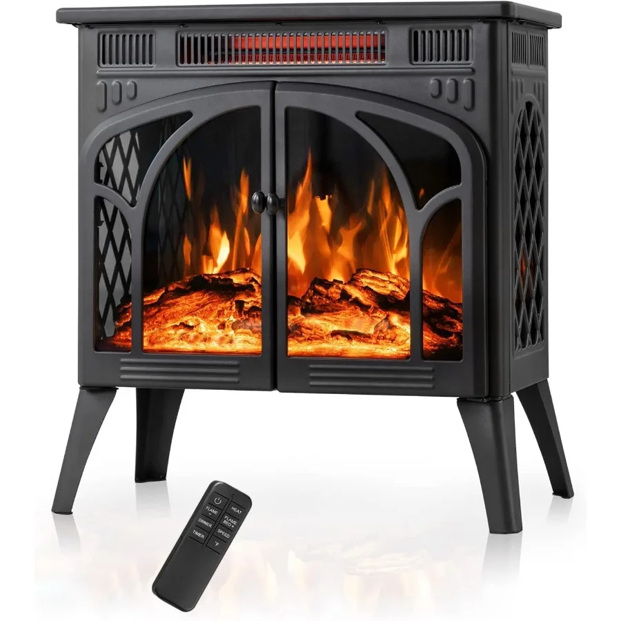 

24-Inch Free-Standing Electric Fireplace Stove with Infrared Heating Controllable 3D Flame Effect 4 Adjustable Flame and Log Co