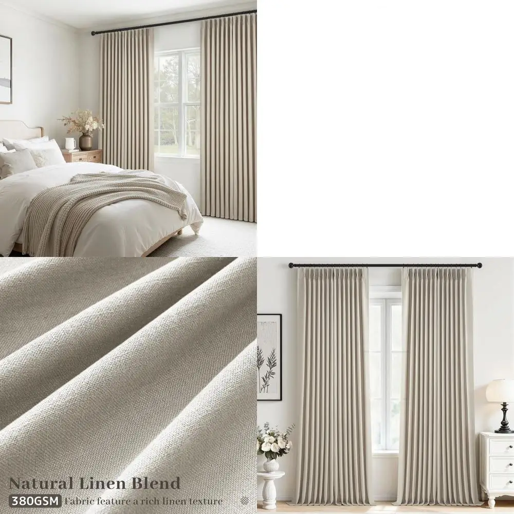 96 rideaux en lin beige gris clair avec plis pincés pour salon et chambre à coucher, 2 panneaux semi-transparents, longueur 8 pieds, filtrage de la lumière