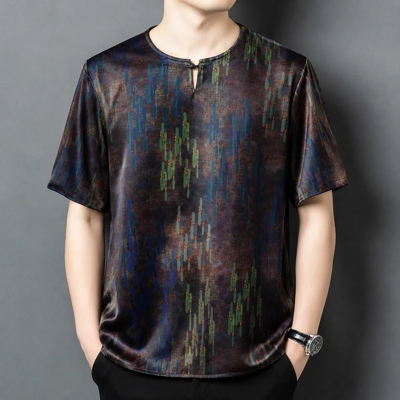 Natural Silk 100% T Shirt For Men Short Sleeve Skin-Friendly Ice Summer Quality Gambiered Canton Gauze Satin Camisetas De Hombre