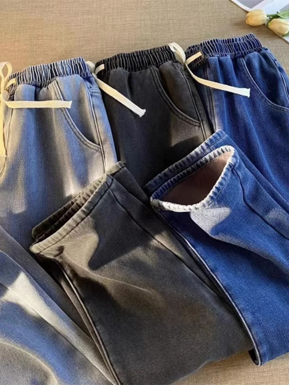 Jeans Women's Spring Autumn New High Waist Straight Tube Solid Denim Pants Elastic Waist Large Loose Student Wide Leg Pants