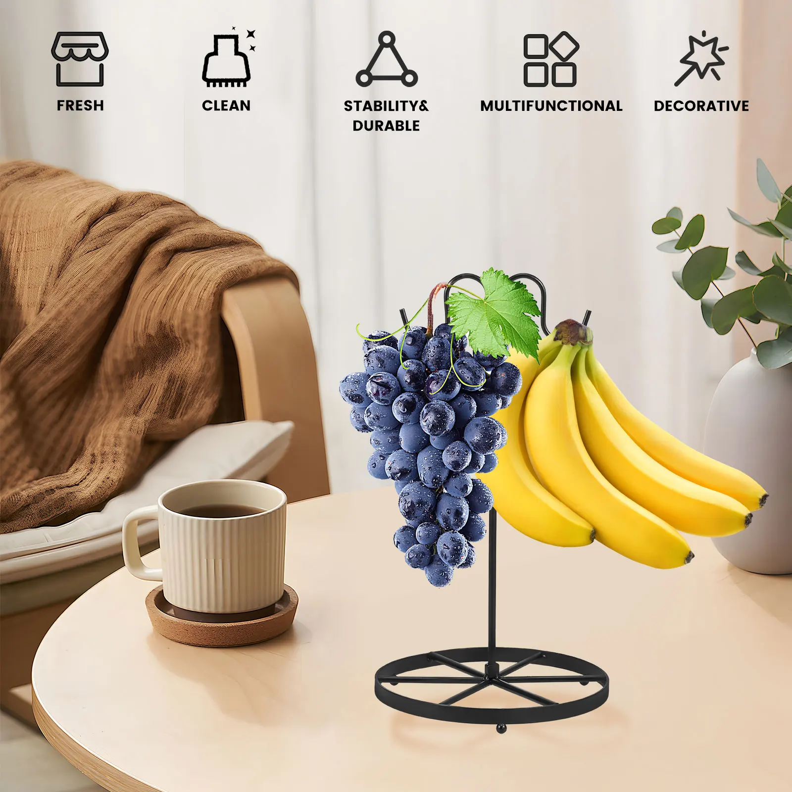 Banana Rack Stable Banana Holder with Hook Rust-Proof Metal Banana Hanger Multifunctional Banana Tree Stand for Fruit Micro Land