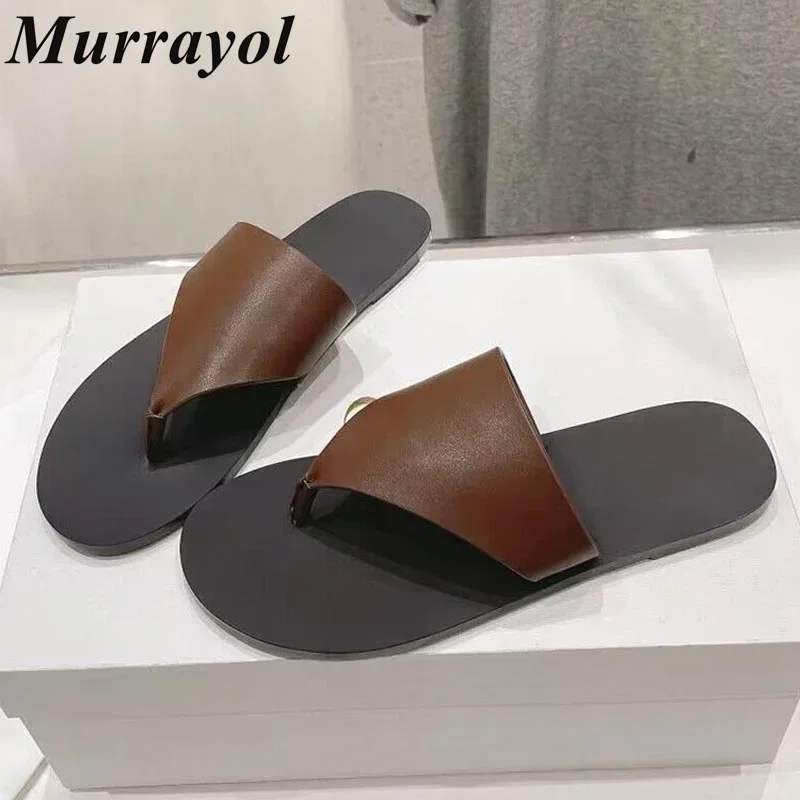 

Pinch Toe Versatile Solid Color Flat Heels Slides Women Genuine Leather Flip Flops Slippers Summer Outdoor Vacation Beach Shoes