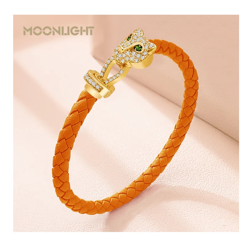 MOONLIGHT Classic Design Exquisite Cheetah Zircon Bracelet for Women Braided Leather Bracelet Quality Banquet Couples Gift