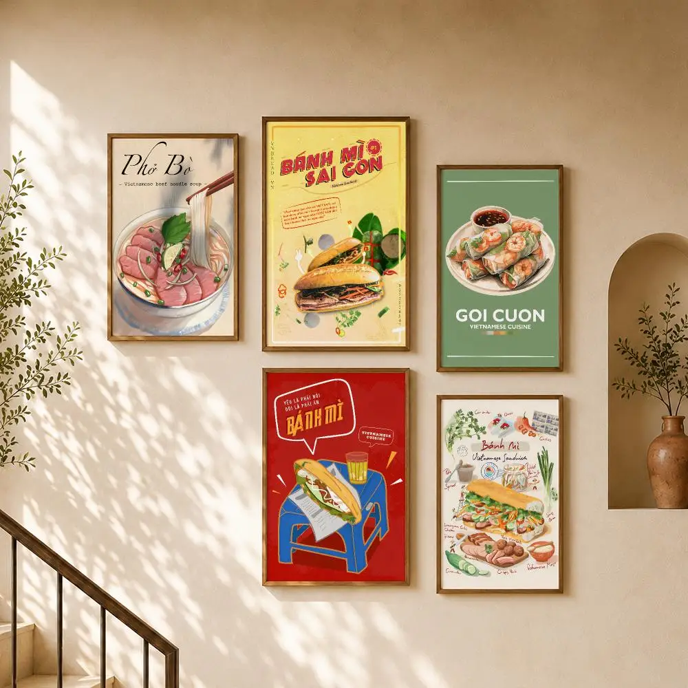 Food Vietnamese Banh Mi Pho Street Eats Poster PP Self Adhesive Home Garage Dorm Bar Wall Decor Aesthetic Retro Gift