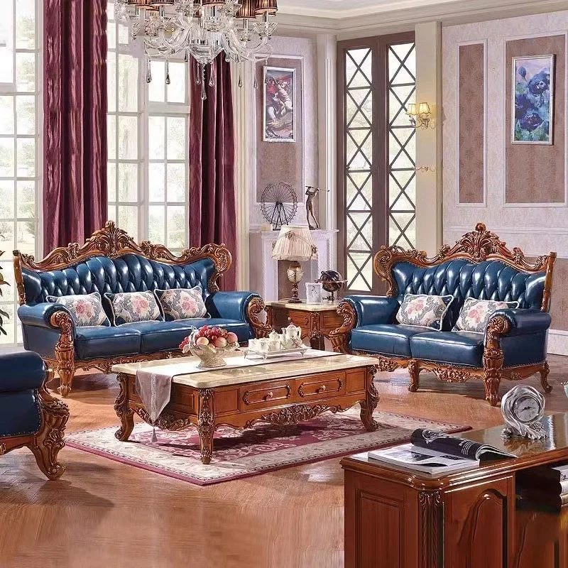 All solid wood leather sofa, furniture double-sided engraved model