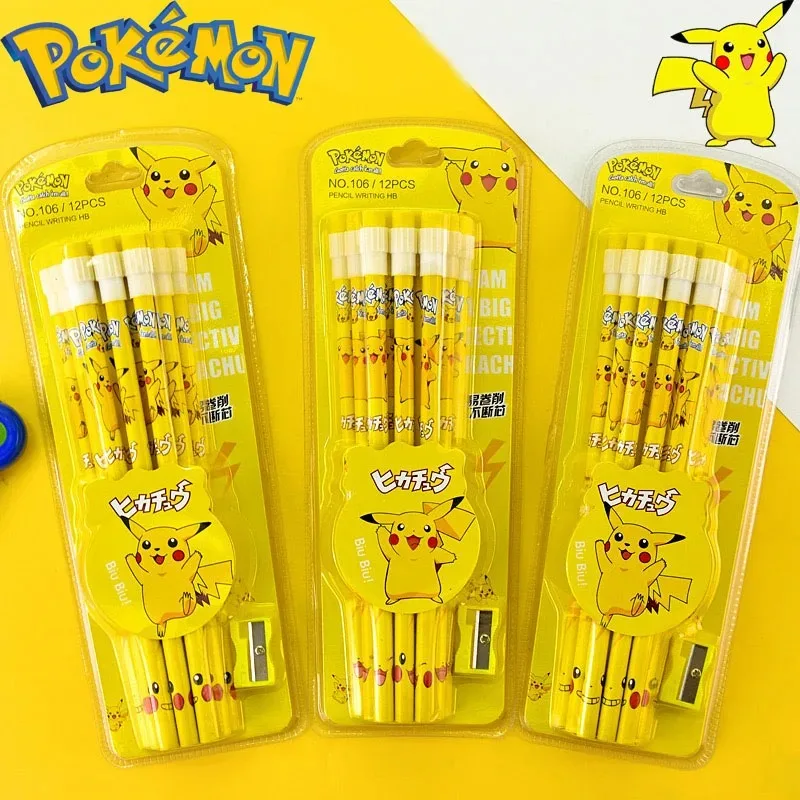 

Новая модель, набор карандашей Пикачу, 12 шт./упак., с ластиком и точилкой, фигурки аниме, школьные принадлежности, канцелярские товары для офиса