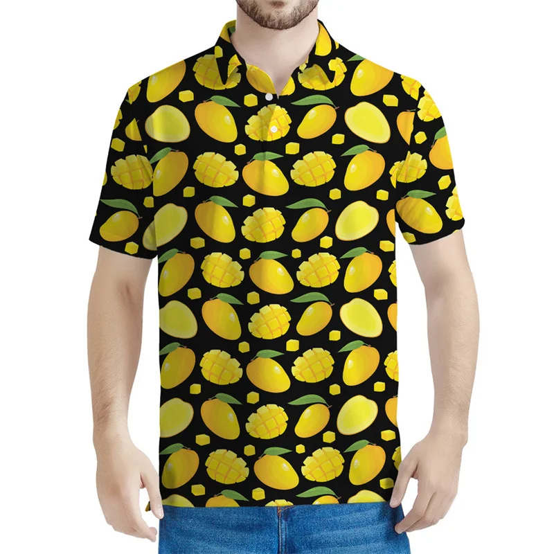 Cute Mango 3d Printed Polo Shirt For Men Kids Fruits Pattern T-Shirts Women Loose Short Sleeves Street Lapel Button Tee Shirts