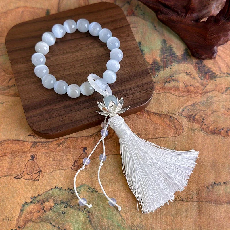 النمط القديم لوتس شرابة عين القط حجر باليد سوار جديد Hanfu الإكسسوار سوار للنساء